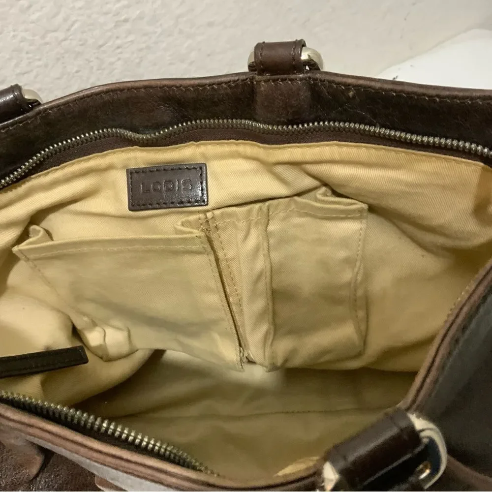 Lodis handbag double handles zip top pleated front brown